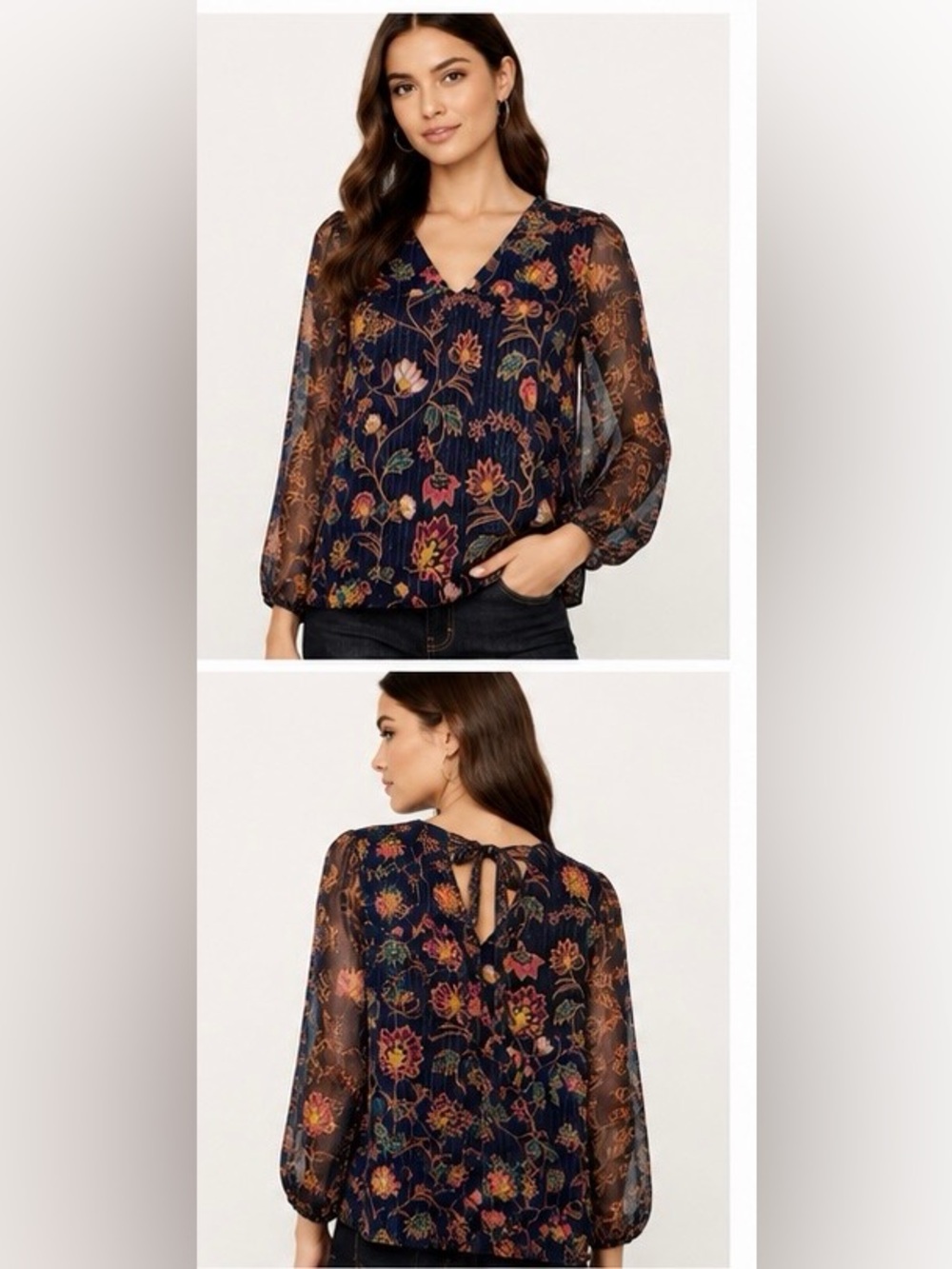 04. BCBGeneration Navy Sheer Floral V-Neck Blouse